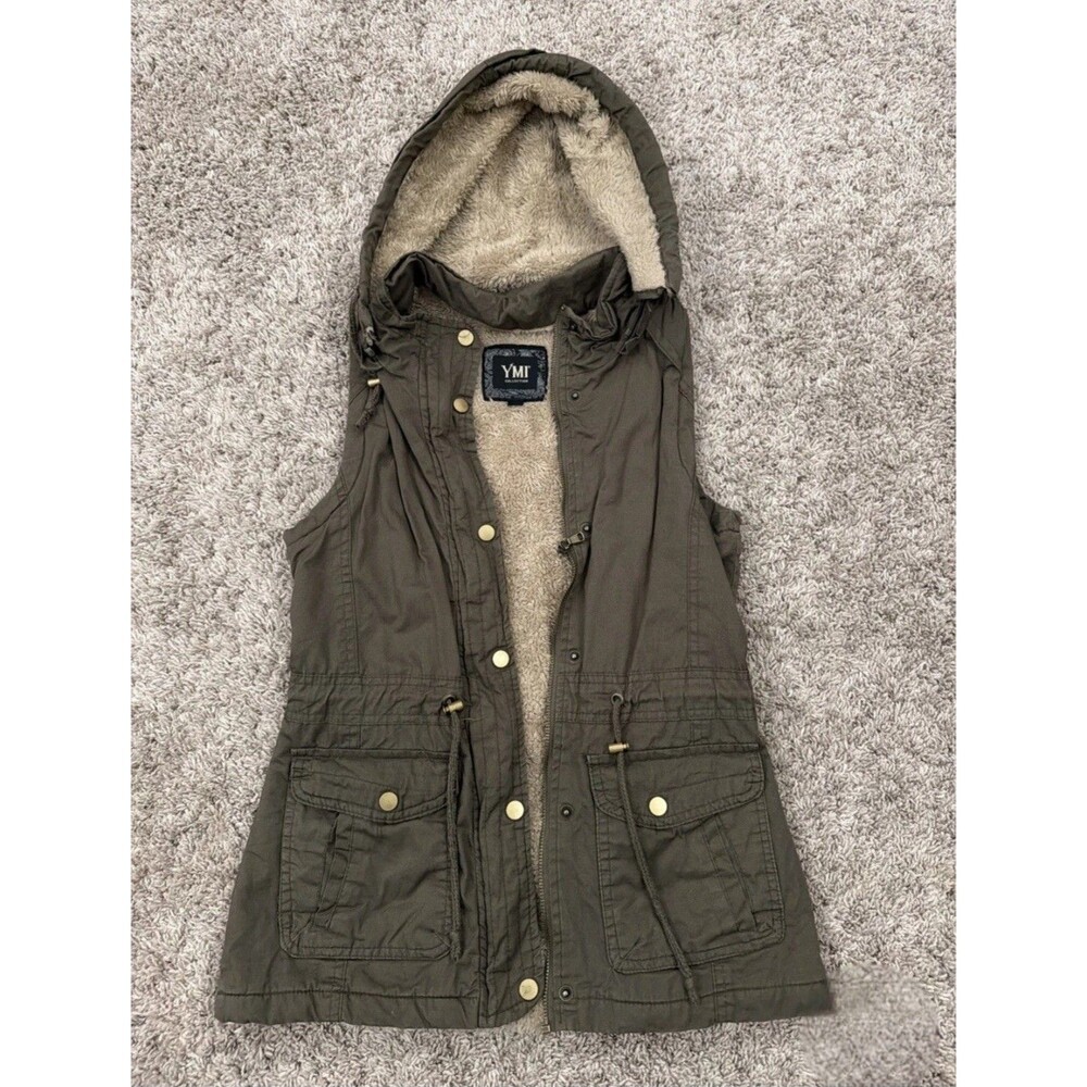 YMI Collection Women Olive Green Faux Fur Lined Hooded Vest Size M Y2K Vibe